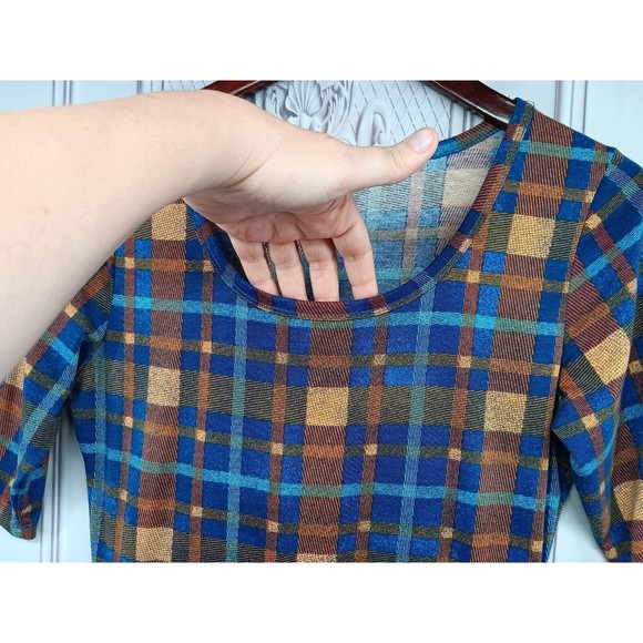 LuLaRoe Dress Women's SZ M Fit & Flare Blue/Bronze Plaid Half Sleeves Pockets EC - Picture 3 of 15